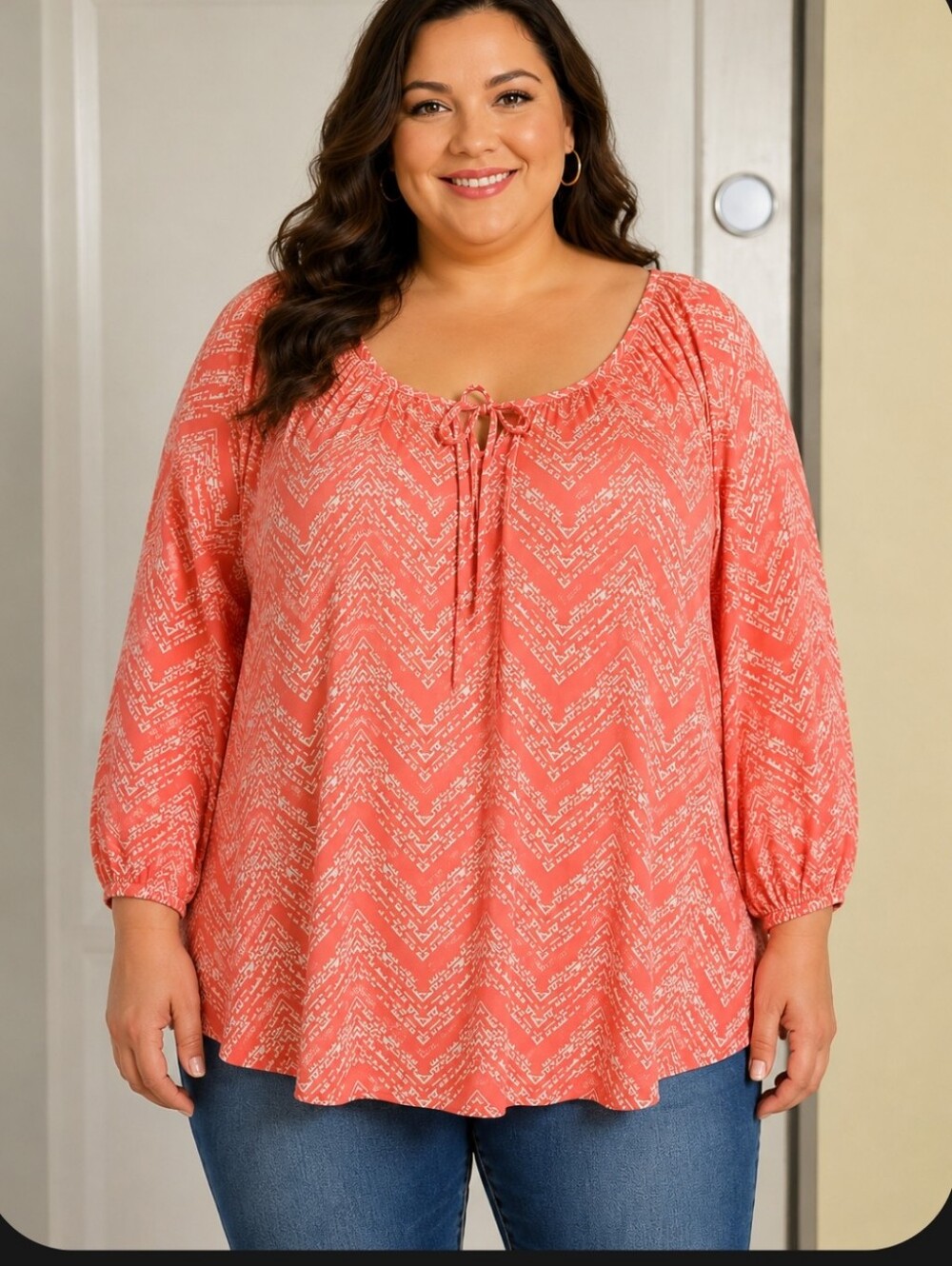 Tacera Coral Pink Geometric Print Peasant Tunic Top 2X Plus Size Boho